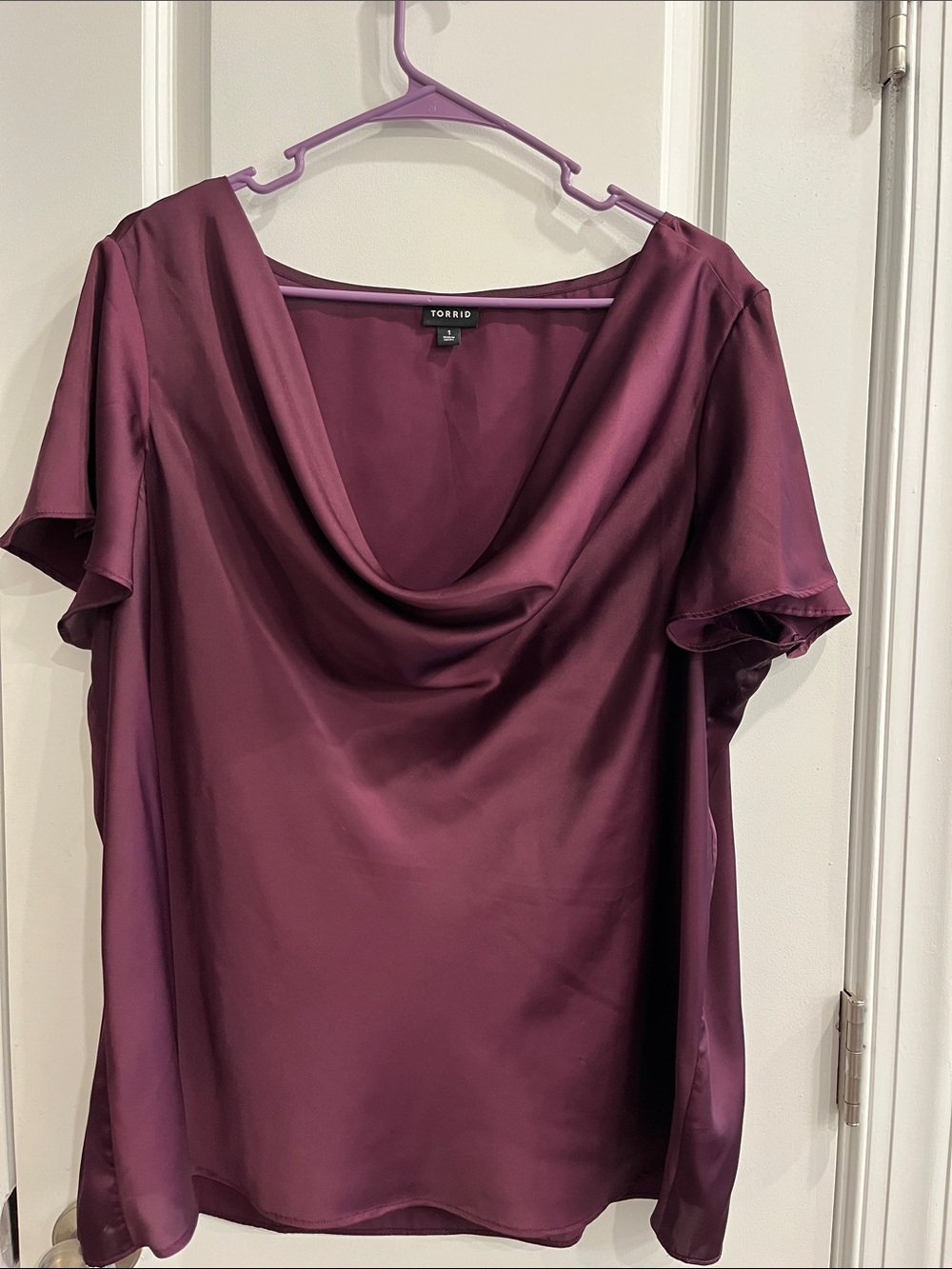 torrid Plum Satin Cowl-Neck Blouse with Flutter Sleeves